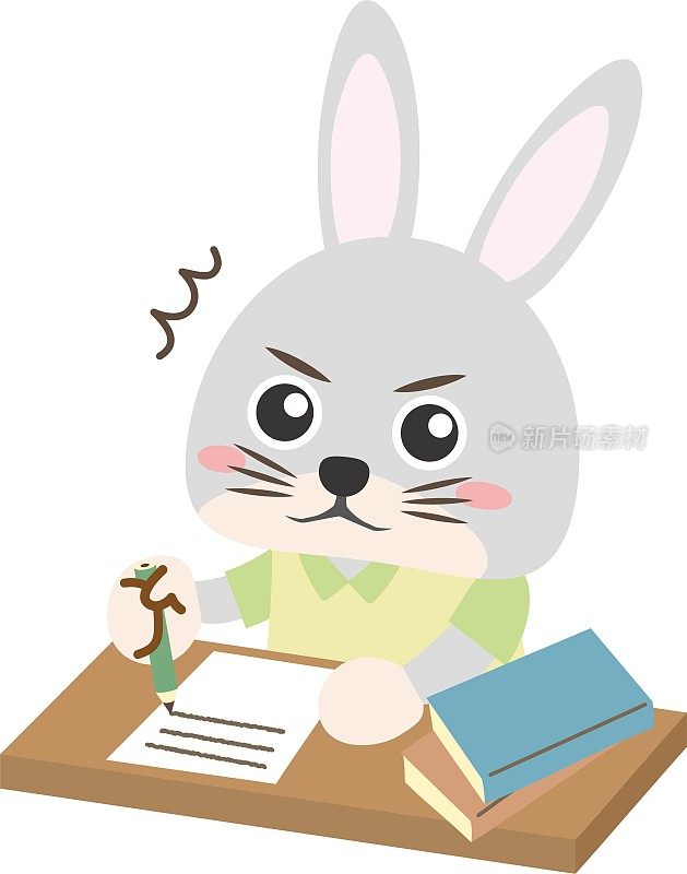一只兔子在书桌前写字时惊讶于某事的插图/插图材料(矢量插图)